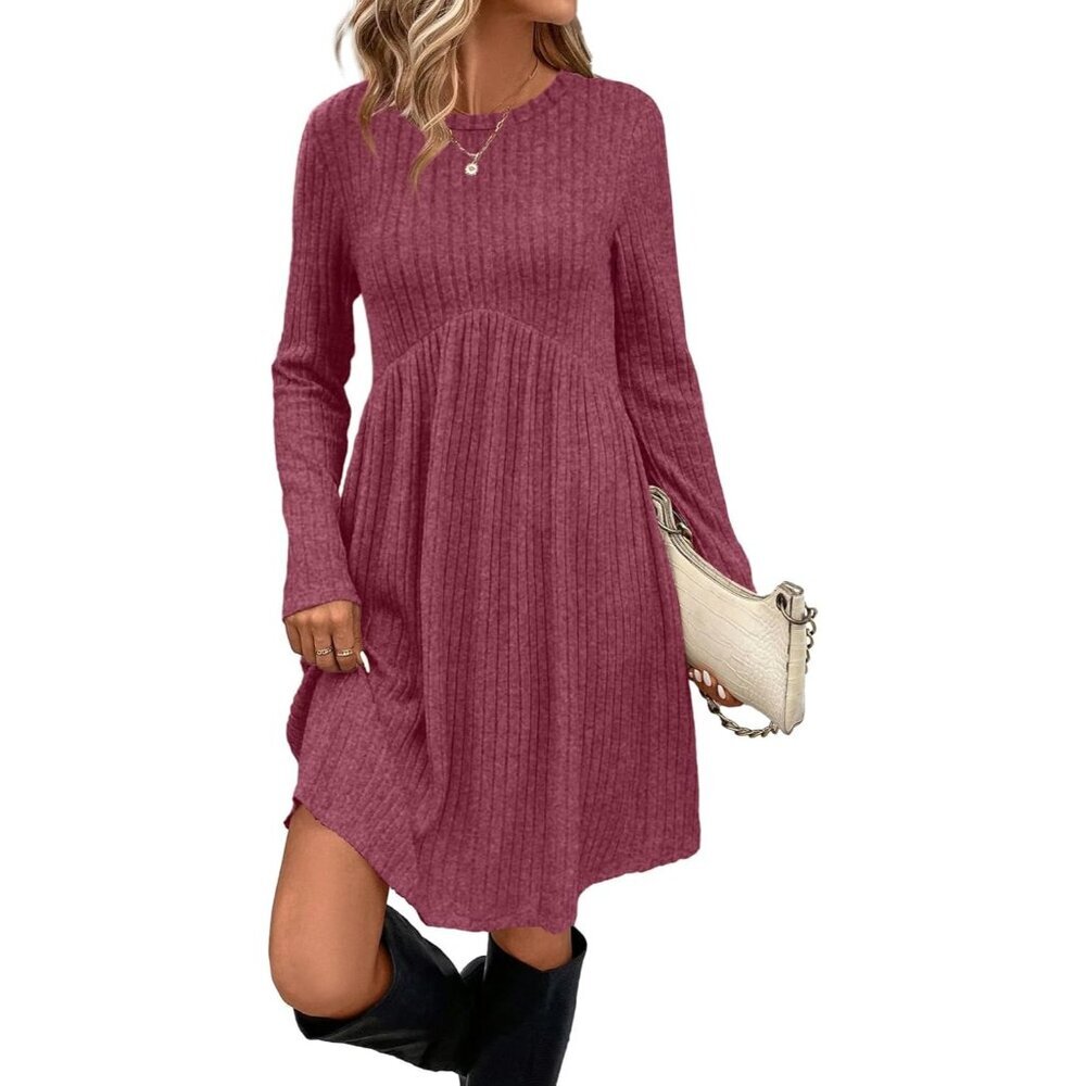 Ofeefan Women Rose Red Crew Neck Long Sleeve Empire Waist Dress with Pockets
